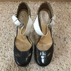 Nautical striped Canvas and patent Mary Jane heels
